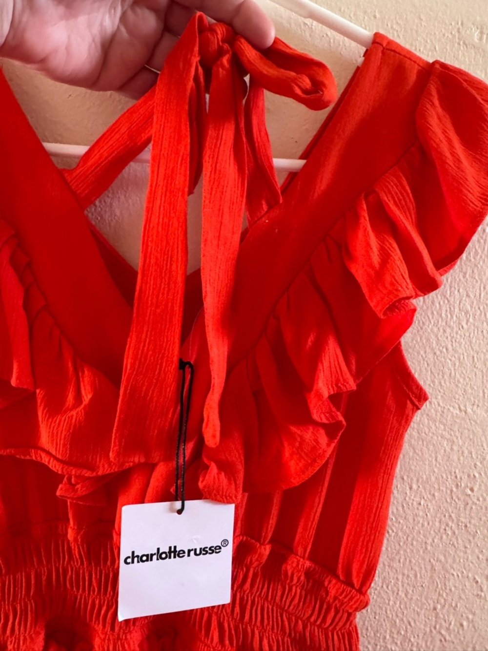 Charlotte Russe coral, reddish-orange Ruffle V-Neck Maxi Dress size M - Picture 4 of 14